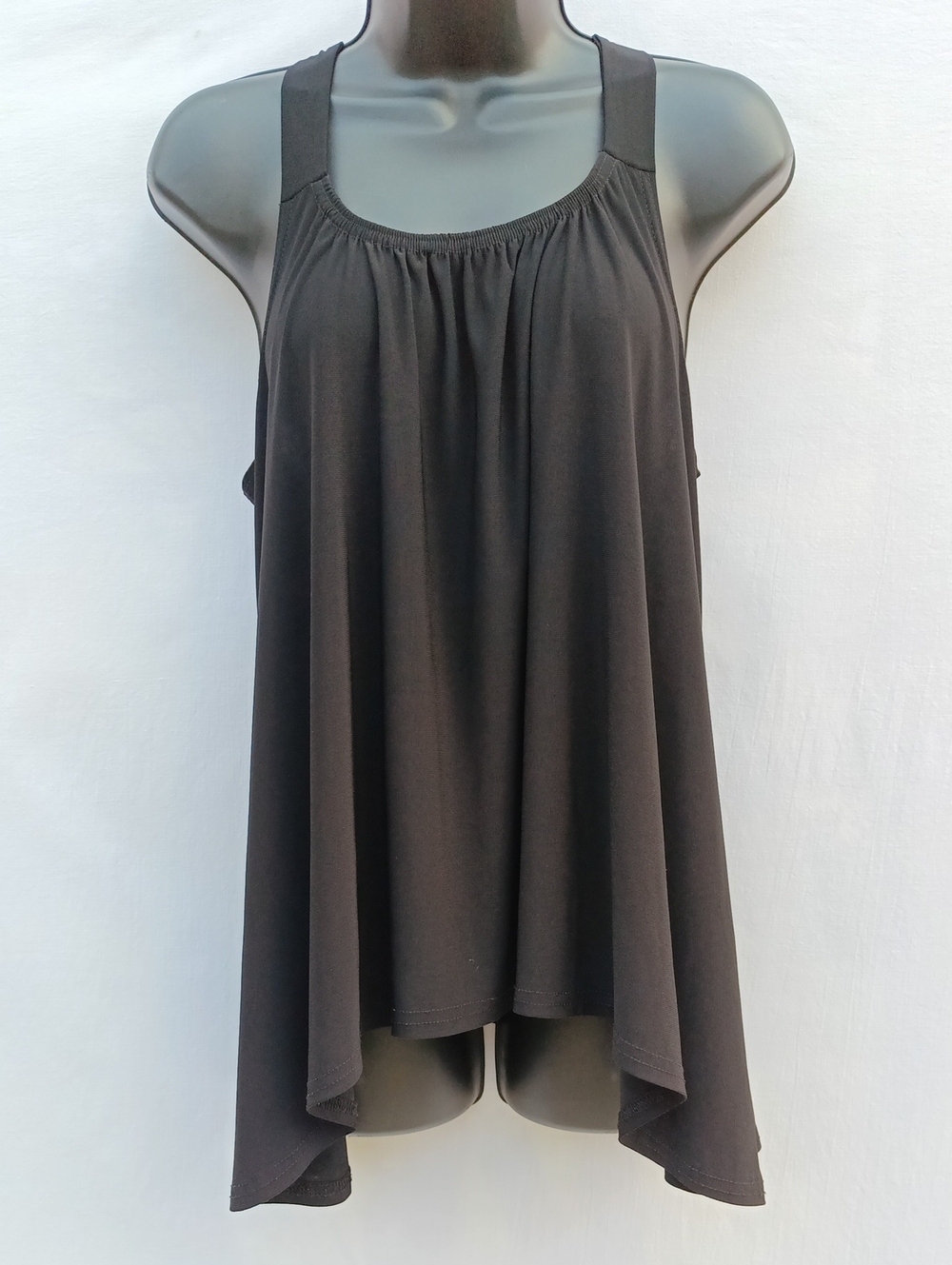 Bellina Classic Black Gathered Swing Tank With Matte Black Back Graphic